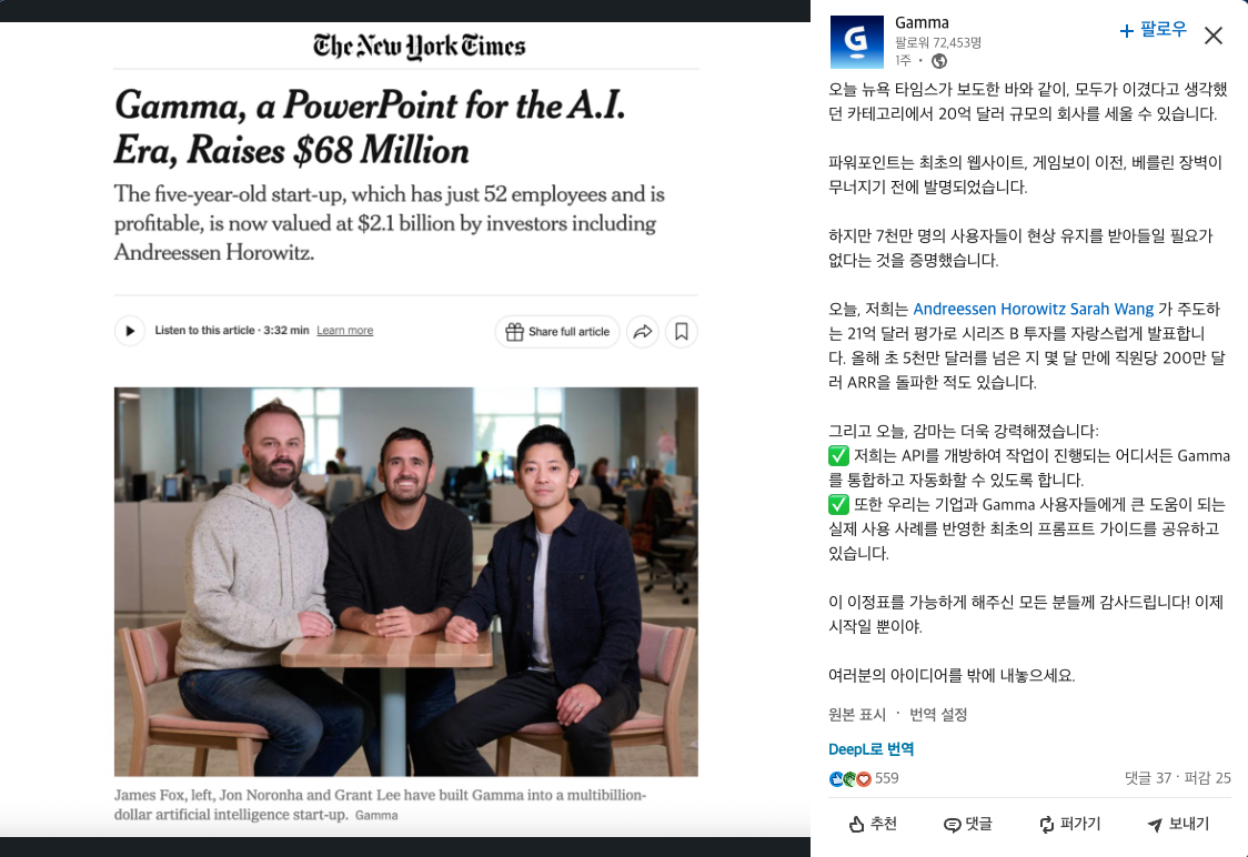 21억 달러 시리즈 B 투자 유치 성공 (출처 : Gamma LinkedIn)