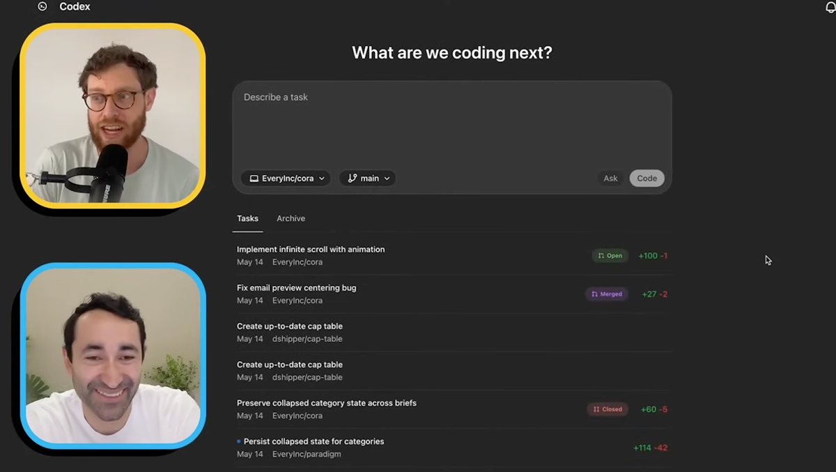 Dan Shipper가 Codex를 이용해 프로그래밍을 시연하는 장면.출처 : Every Youtube