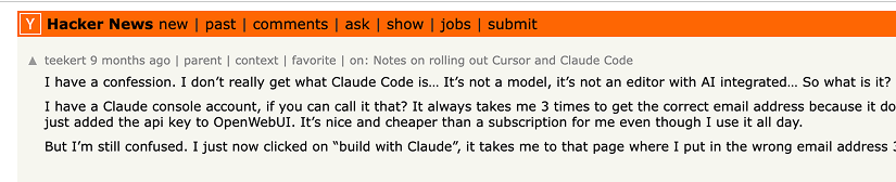 클로드 코드를 처음 접하고 혼란에 빠진 개발자의 댓글.이미지 출처 :&nbsp;Hacker News • 2025. 05