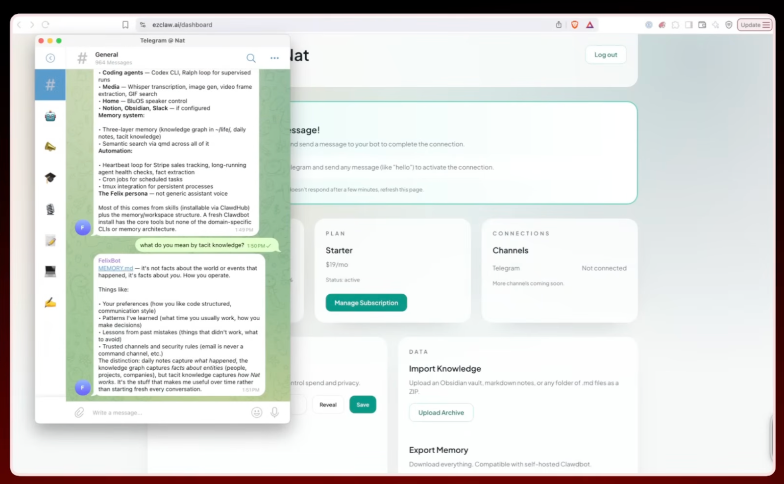 Felix의 메모리 구조 실제 화면. 왼쪽은 암묵적 지식을 설명하는 대화, 오른쪽은 Telegram 연동 설정이다.이미지 출처 : @AndrewWarner, X
