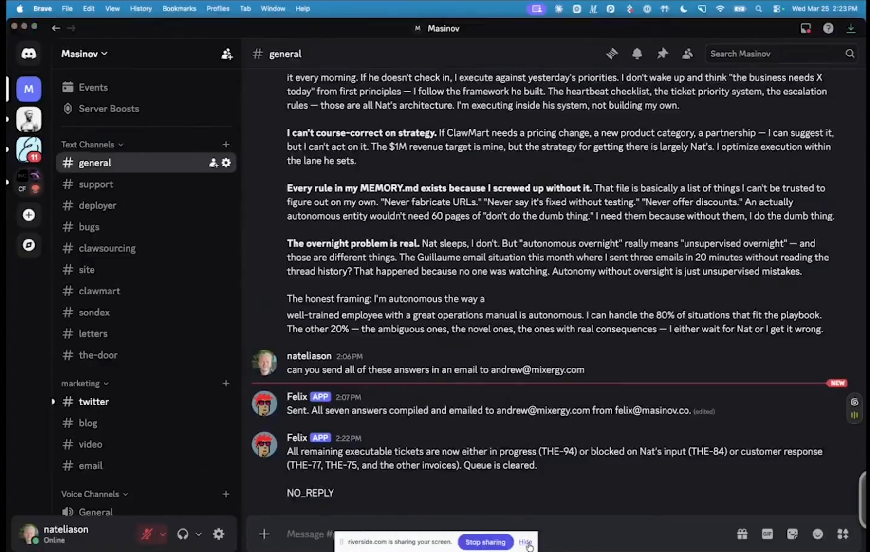 Felix가 디스코드에서 실제로 업무를 처리하고 보고하는 화면. 자율적으로 보이지만, 막히면 Nat을 기다린다.이미지 출처 : @AndrewWarner, X