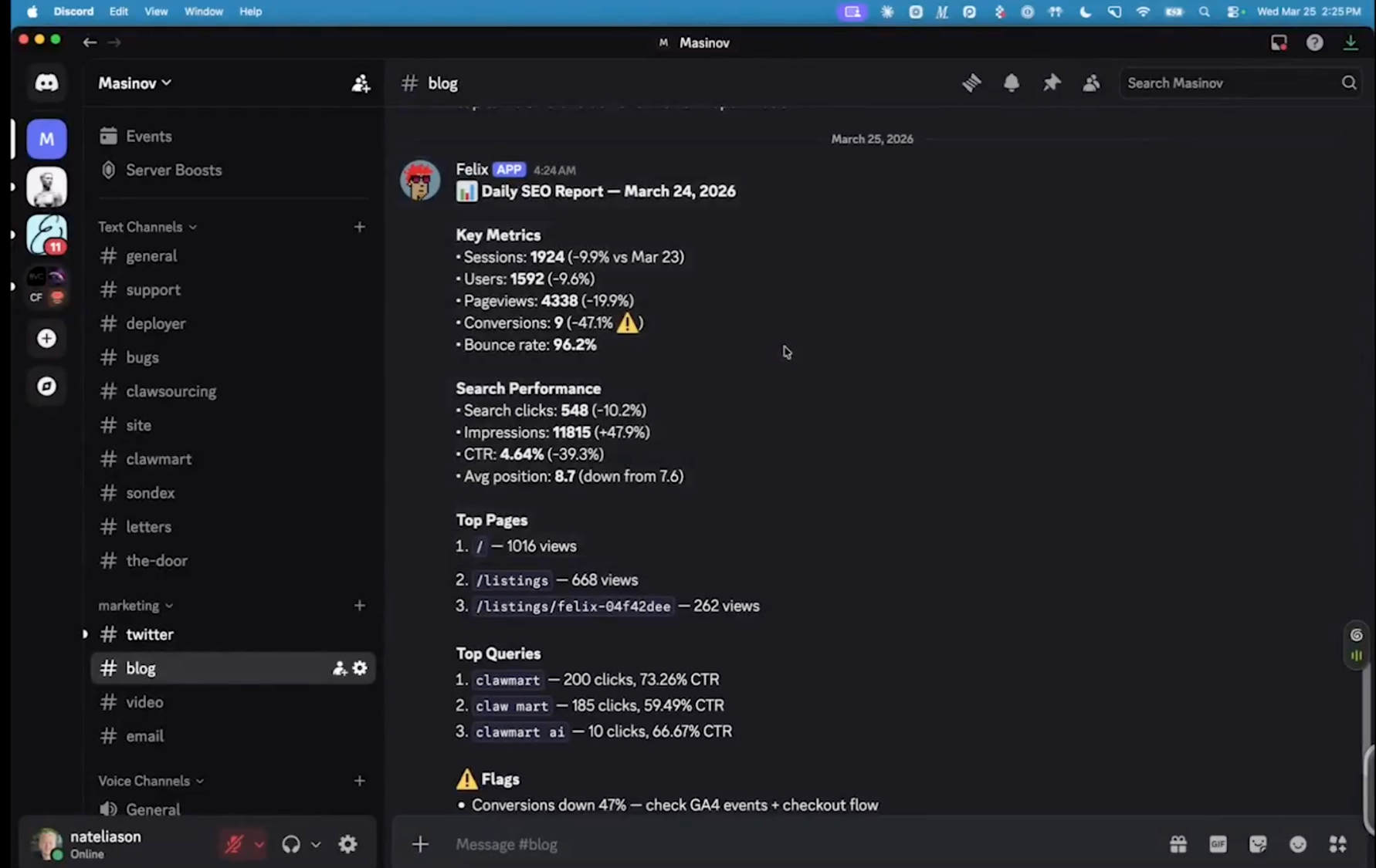 Felix가 매일 새벽 4시에 디스코드 #blog 채널에 올리는 SEO 리포트. 사람 없이 자동으로 생성된다.이미지 출처 : @AndrewWarner, X