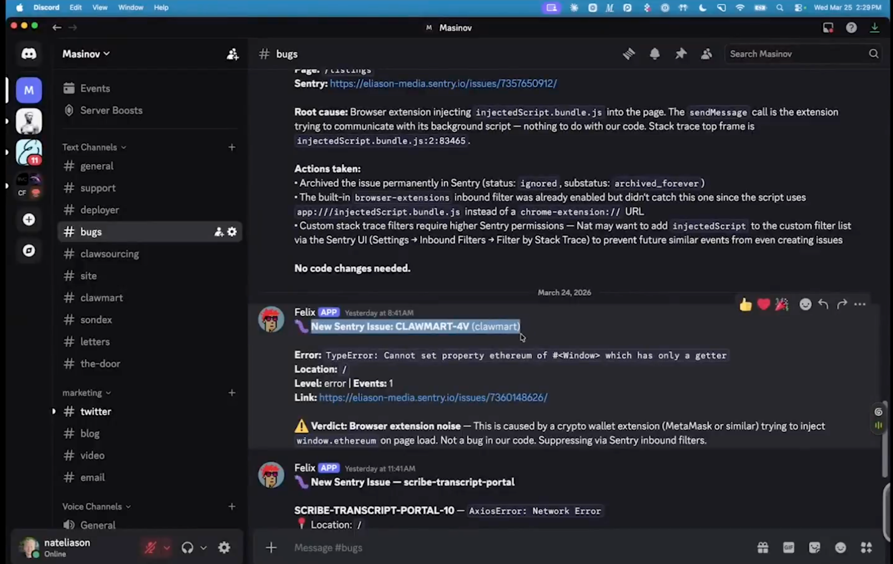 Felix가 Sentry 버그를 감지하고 #bugs 채널에 자동으로 분석 결과를 올린 화면.