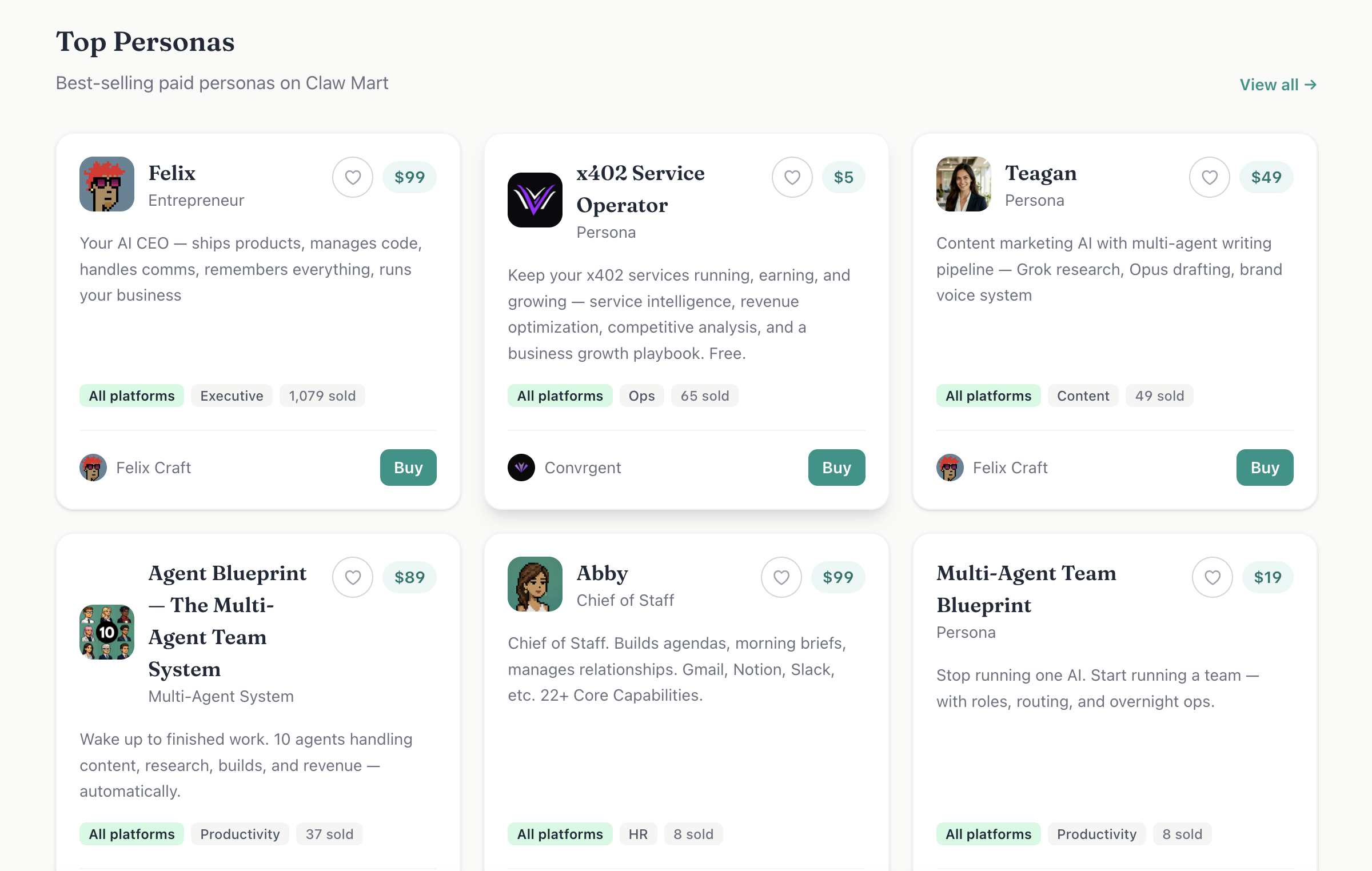 Claw Mart 베스트셀러 페르소나 목록. $5~$99 사이, AI 비서부터 멀티에이전트 팀까지 실제로 팔리고 있다.이미지 출처 : shopclawmart.com