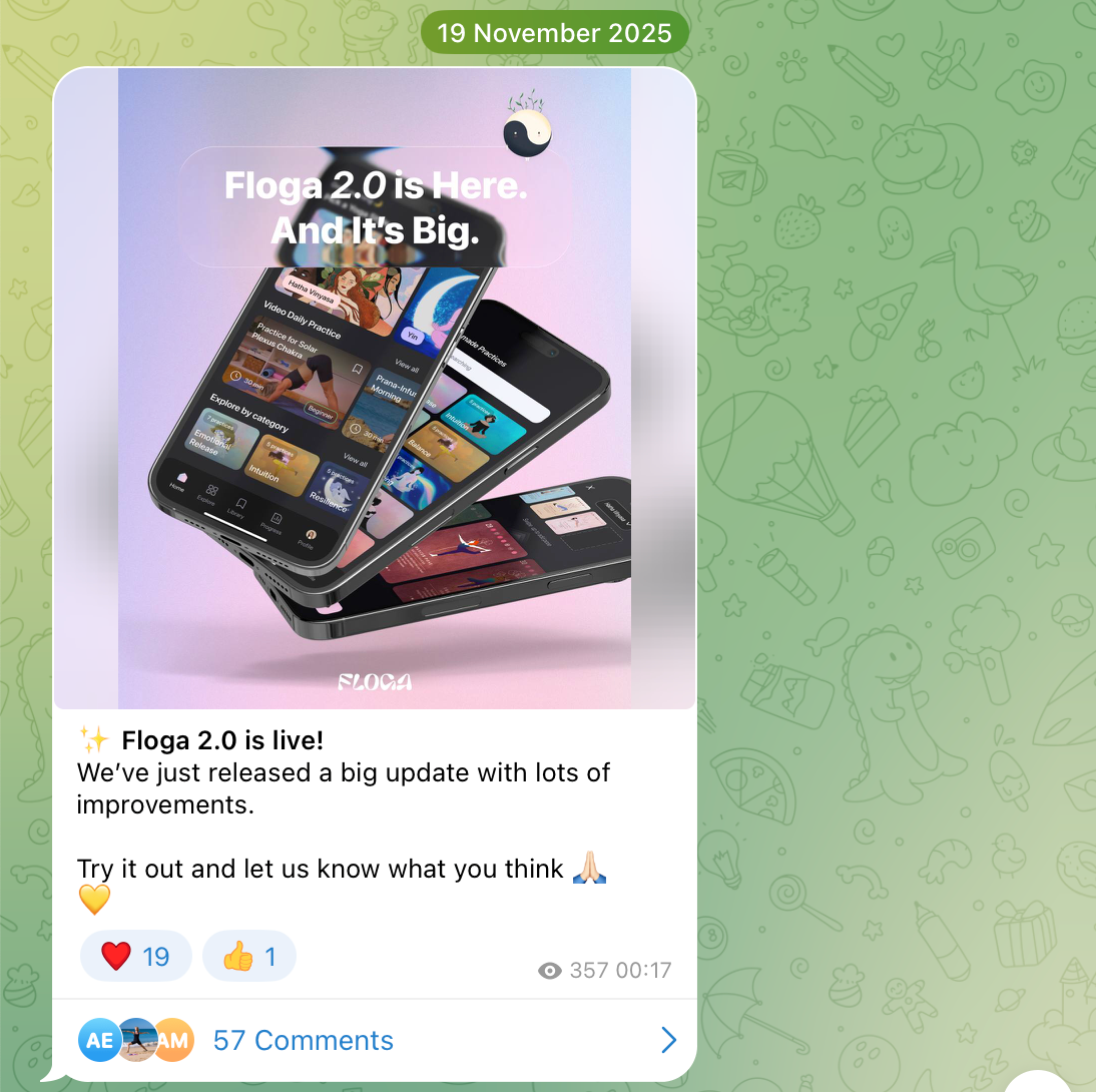 평생 이용권 구매자들이 모인 텔레그램 그룹. 357명이 공지를 봤고, 57개의 댓글이 달렸다.이미지 출처 : Floga 텔레그램 그룹