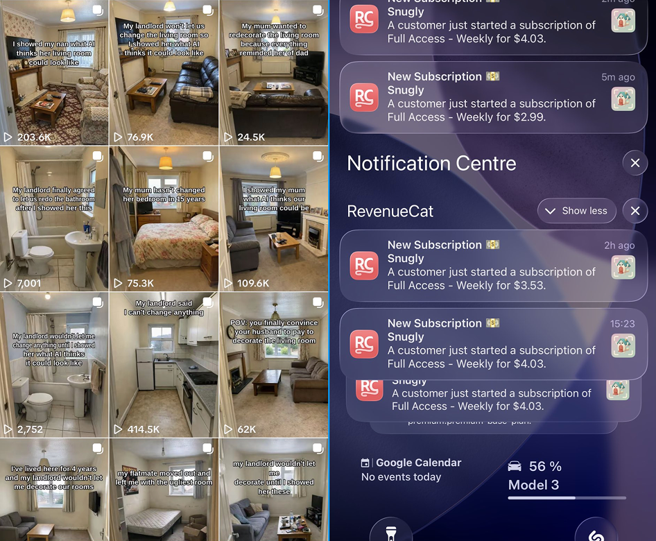 Larry의 TikTok 슬라이드쇼(왼쪽)와 실제 구독 알림(오른쪽).이미지 출처 :&nbsp;@oliverhenry, X