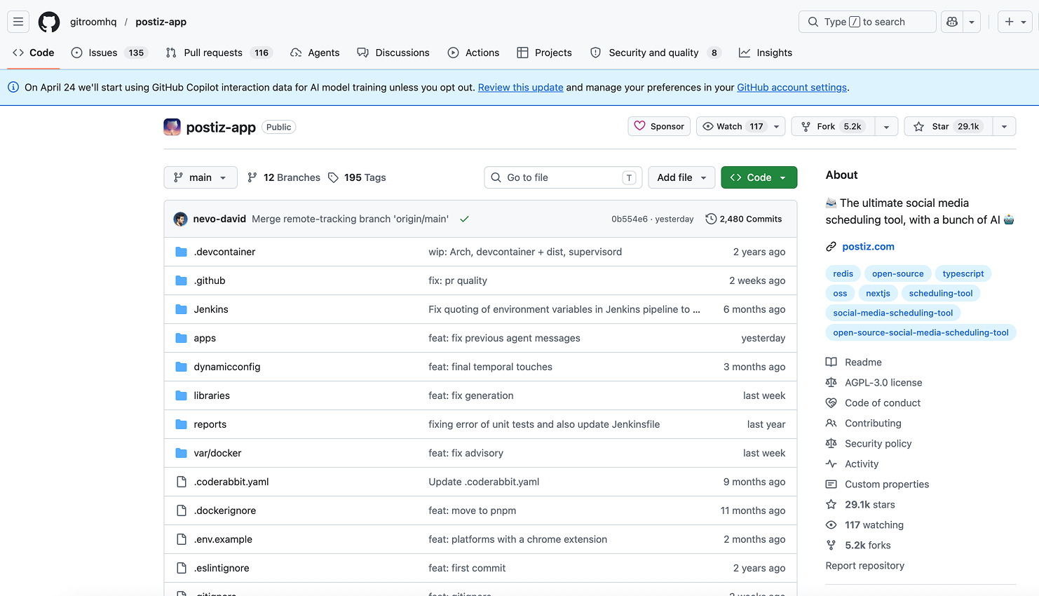 Postiz GitHub 레포. 스타 2.9만 개가 오픈소스 포지셔닝의 힘을 보여준다.이미지 출처: Postiz GitHub