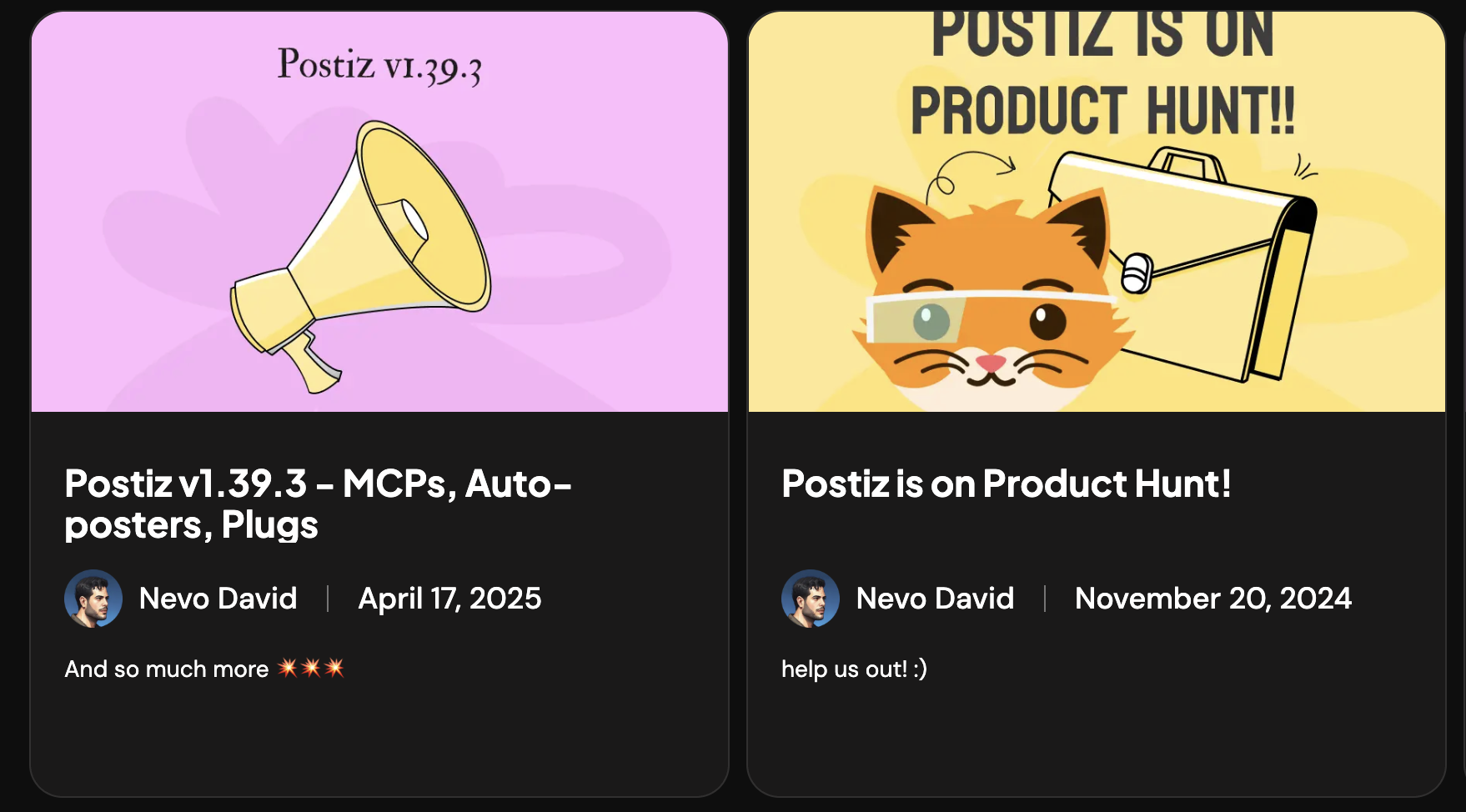 Postiz 블로그에 올라온 업데이트 포스트들. 새 기능이 나올 때마다 '최초'를 선점하는 콘텐츠가 된다.이미지 출처 :&nbsp;postiz.com