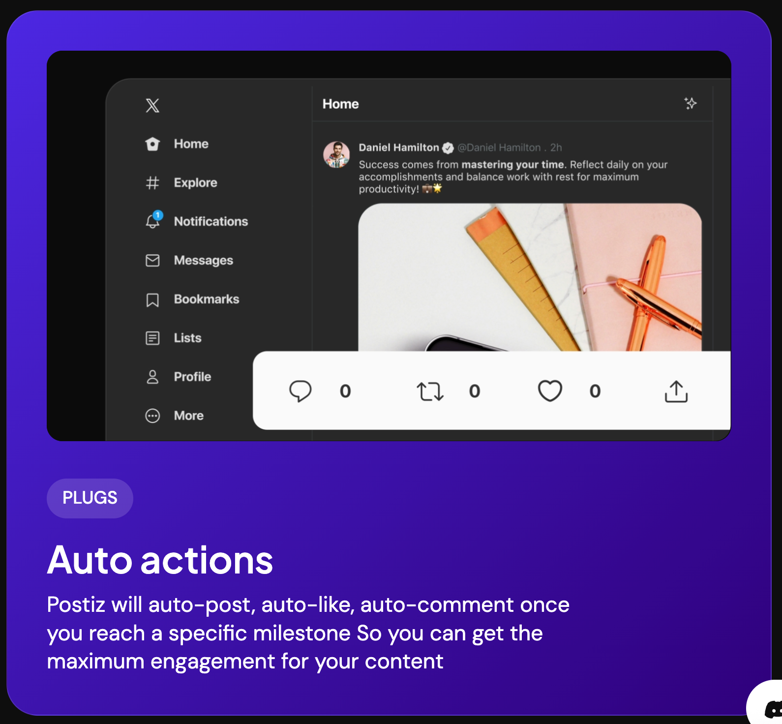 Postiz의 Auto Actions 기능. 자동 포스팅·자동 좋아요·자동 댓글까지 지원한다.이미지 출처 : postiz.com
