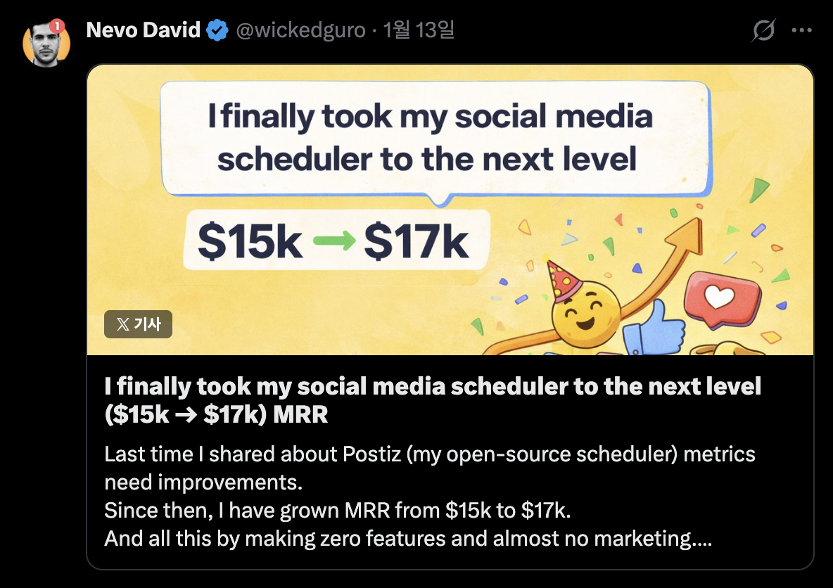 Nevo David의 X 포스트. MRR $15K → $17K 성장을 직접 공유했다.이미지 출처 : @wickedguro, X