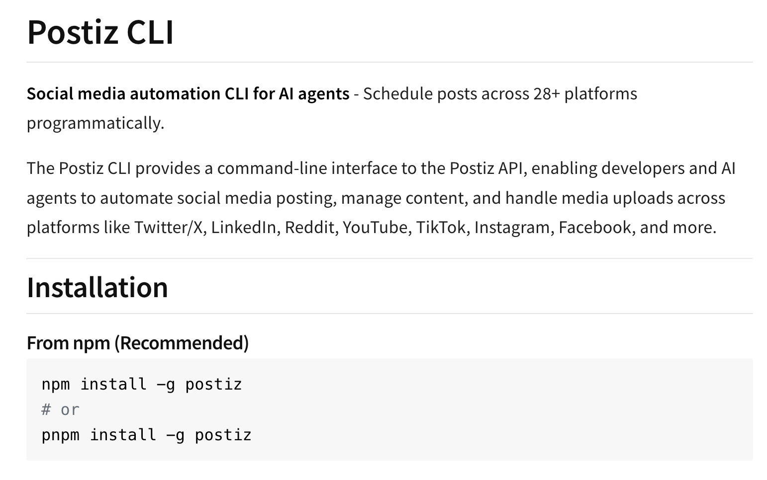 Postiz CLI 공식 문서. AI 에이전트가 28개 이상 플랫폼에 자동 포스팅할 수 있다.이미지 출처 : npmjs.com/package/postiz