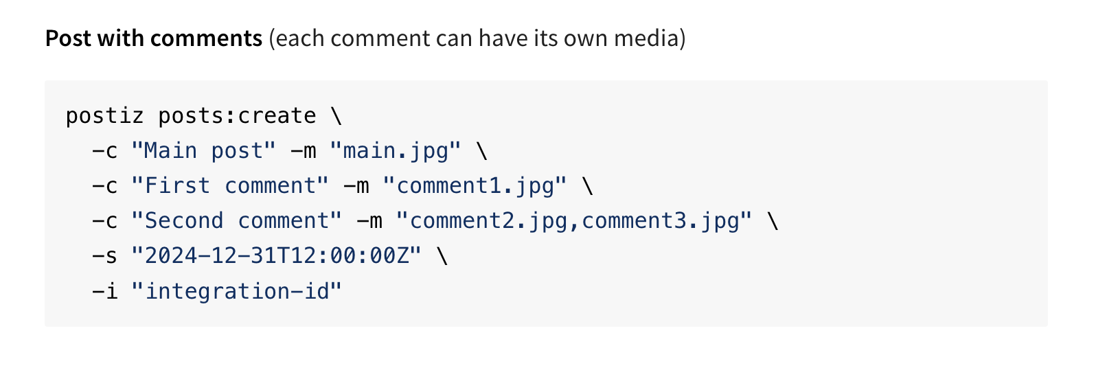 Postiz CLI로 포스트를 예약하는 명령어 예시. 한 줄이면 끝난다.이미지 출처 : npmjs.com/package/postiz