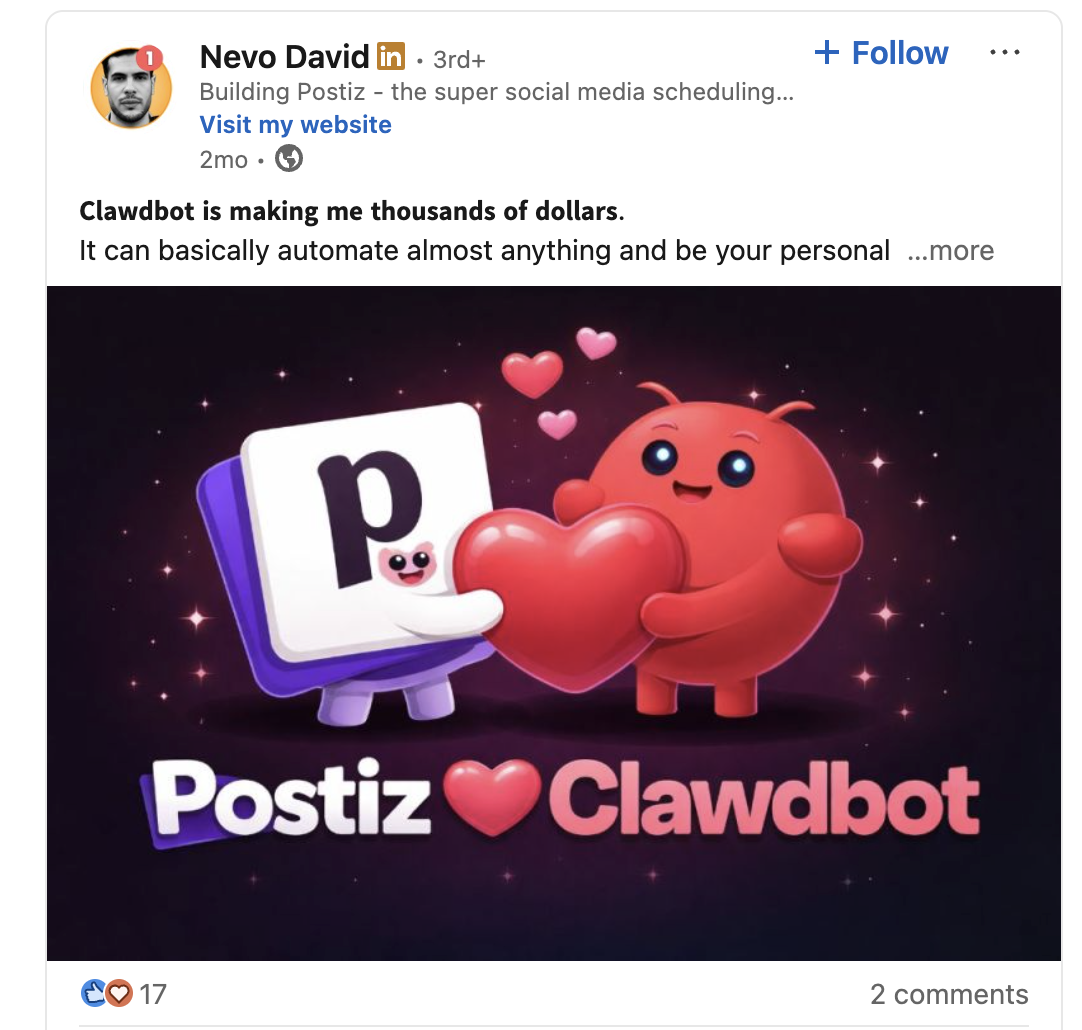 Postiz와 Clawdbot의 연동을 알리는 nevo의 포스트.이미지 출처 : @Nevo David, Linkedin