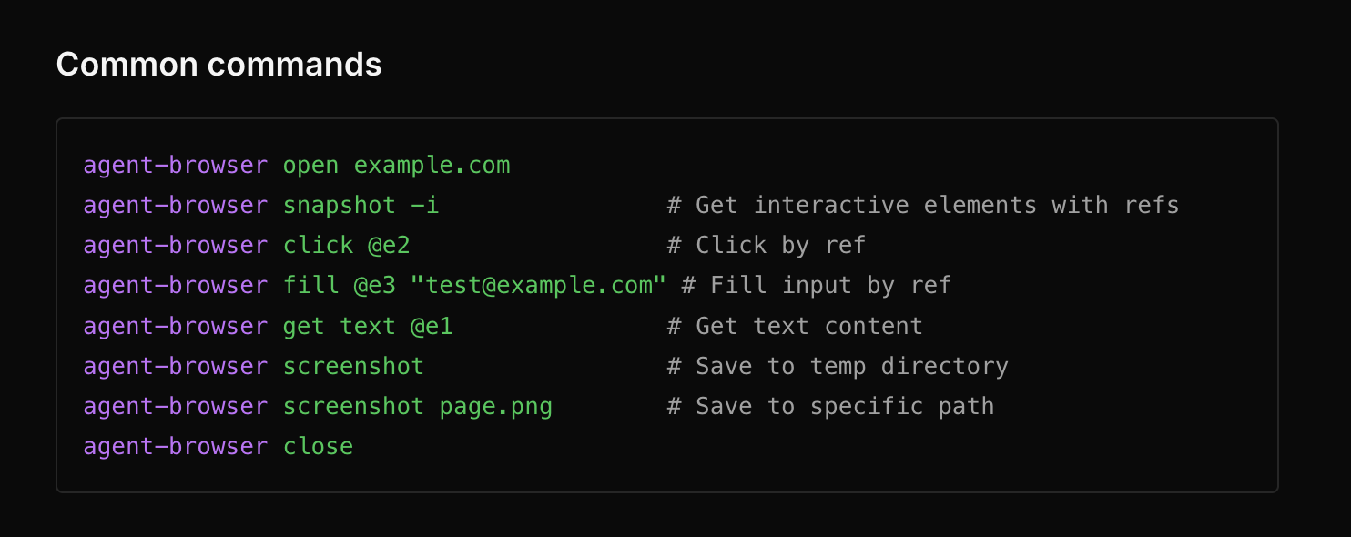 Agent Browser의 주요 명령어. 짧은 명령어 하나로 브라우저를 조종할 수 있다.이미지 출처 :&nbsp;agent-browser.dev