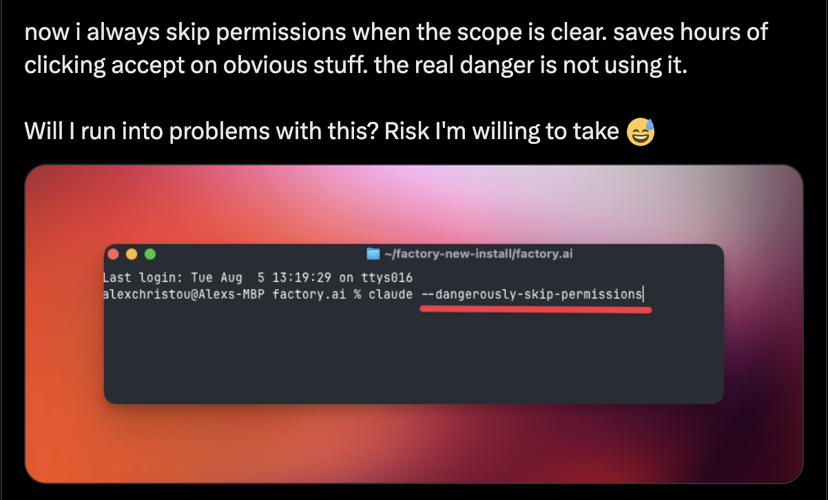 claude --dangerously-skip-permissions 예시.이미지 출처 :&nbsp;@alexchristou_, X