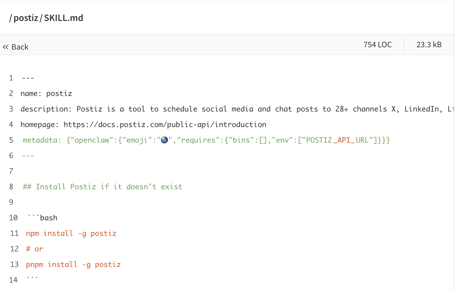 Postiz 스킬 파일. CLI 명령어 기반이라 754줄로 충분하다.이미지 출처: npm (postiz 패키지)
