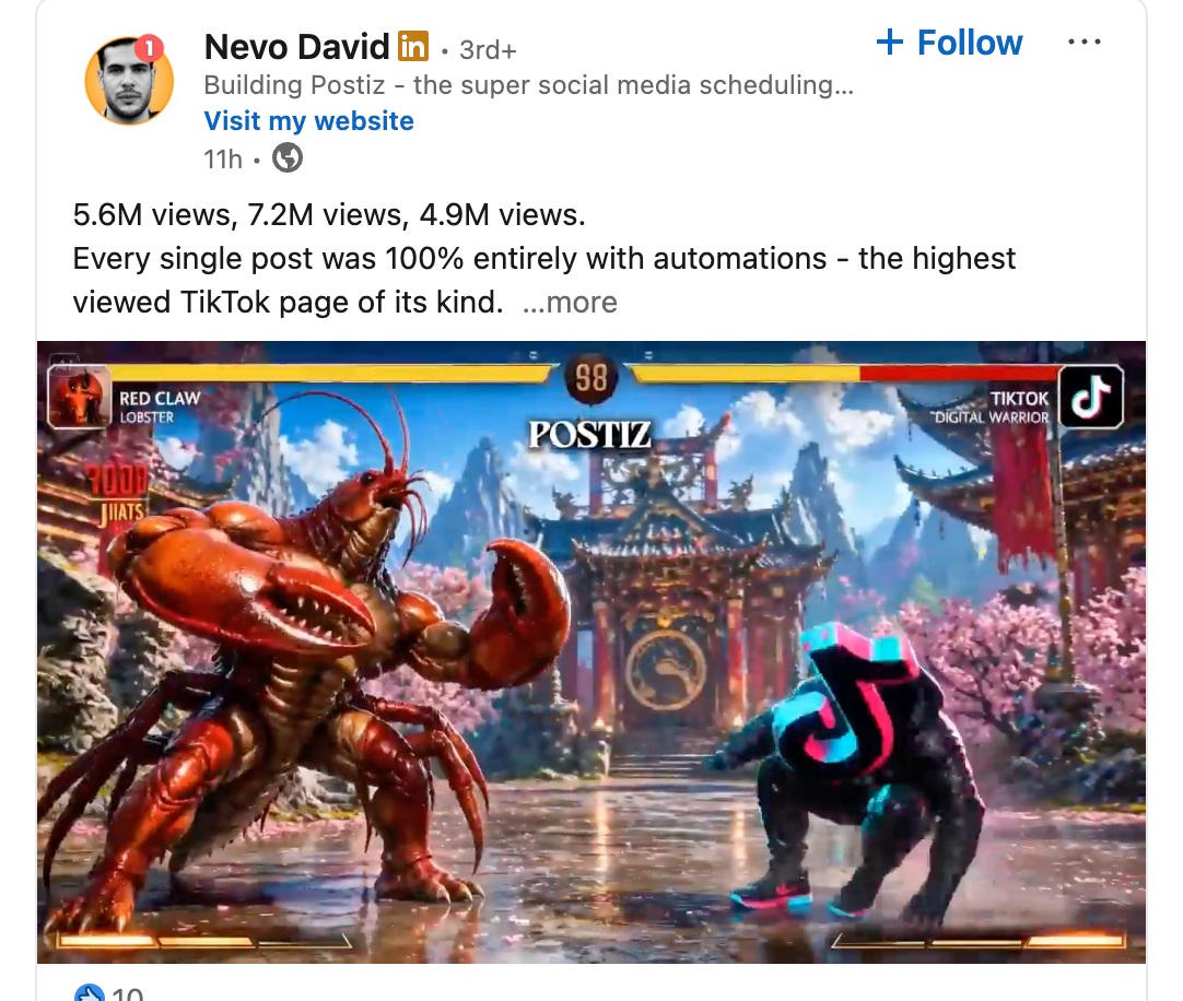 100% 자동화로 TikTok 조회수 수백만을 찍은 Postiz. 에이전트 시대의 가능성을 보여준다.이미지 출처 : @Nevo David, Linkedin