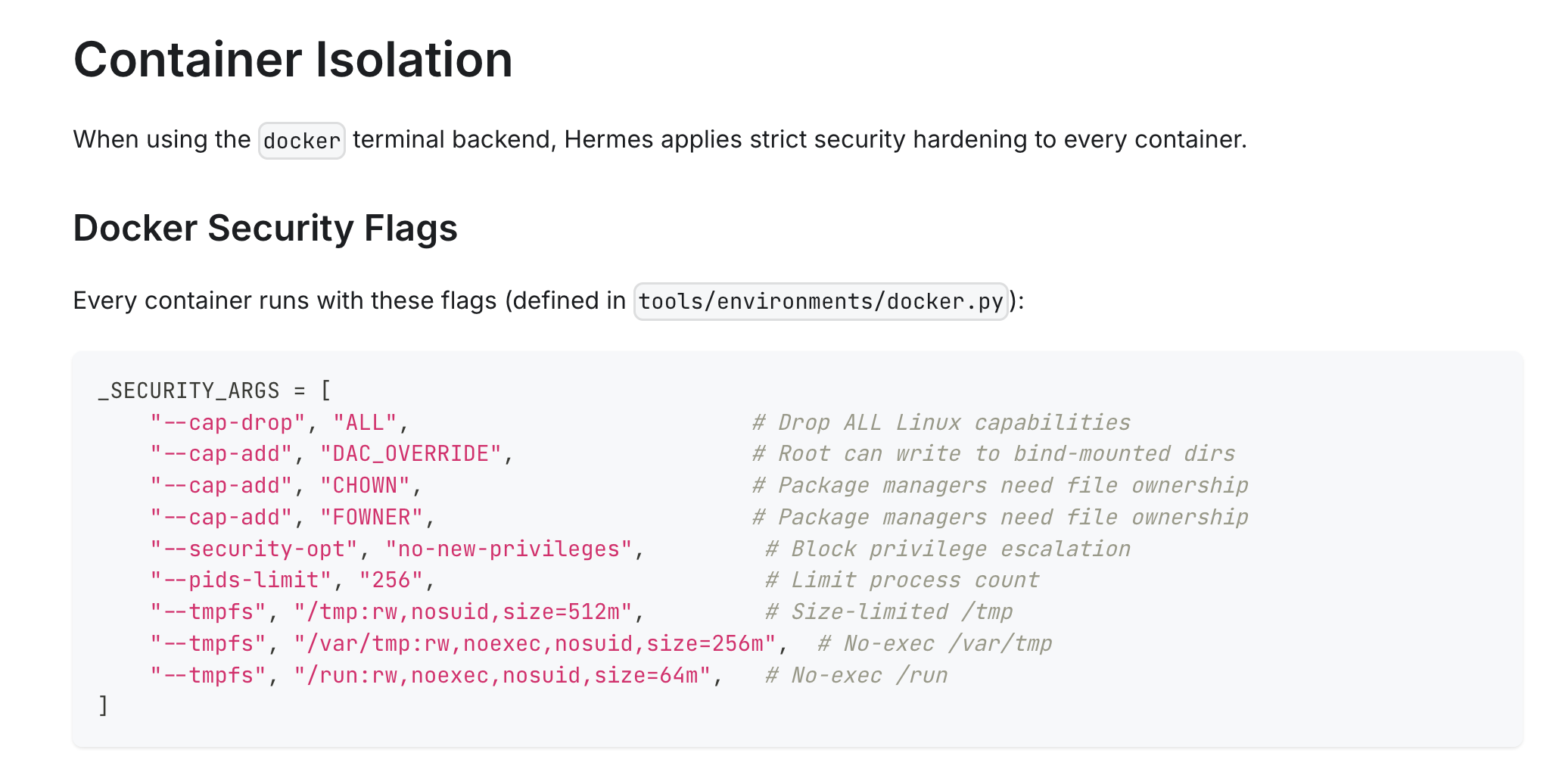Hermes 공식 문서에 공개된 Docker 보안 설정. 모든 컨테이너에 권한 제한, 프로세스 수 제한, 실행 차단 등이 기본 적용된다.이미지 출처 : Hermes Agent Docs