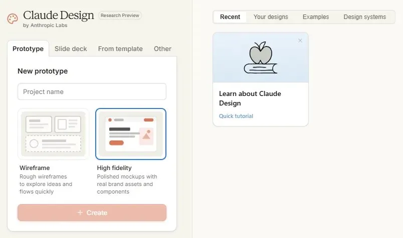 Anthropic Labs에서 ‘연구용 미리보기’로 표시된 Claude Design의 진입 화면.이미지 출처 : Anthropic Labs