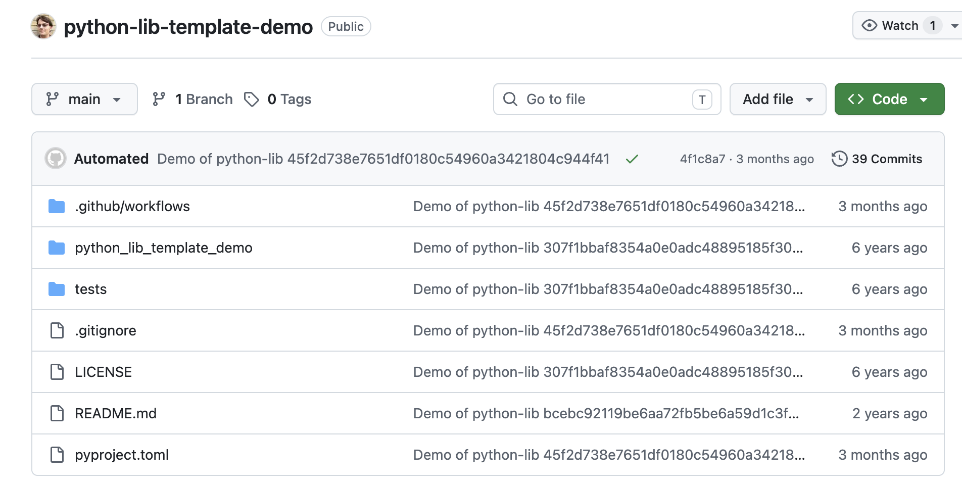 Simon Willison이 GitHub에 공개해둔 Python 라이브러리 템플릿.이미지 출처 : github.com/simonw/python-lib-template-demo