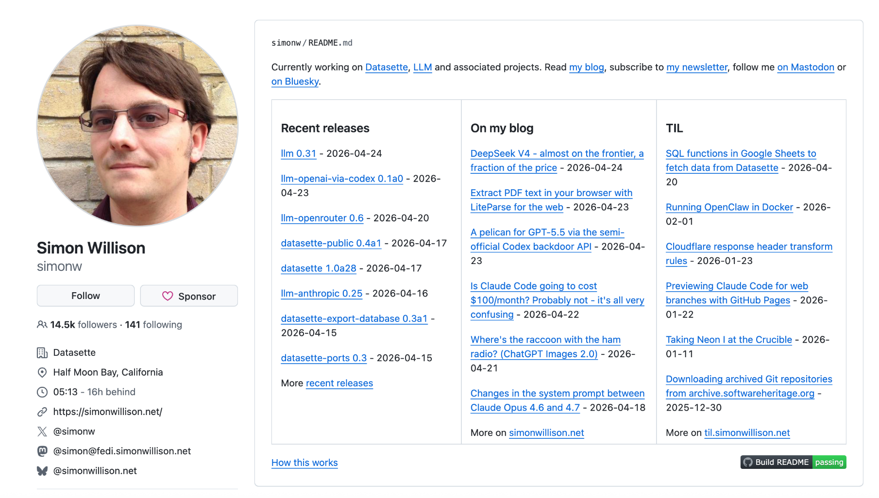Simon Willison의 GitHub, 호딩의 사례.이미지 출처 : Simon Willison의 github