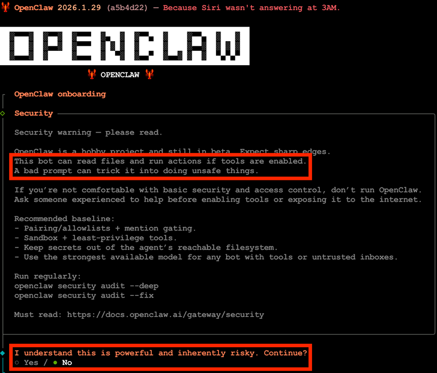 오픈클로 설치 중에 보이는 경고 문구.이미지 출처 : openclaw