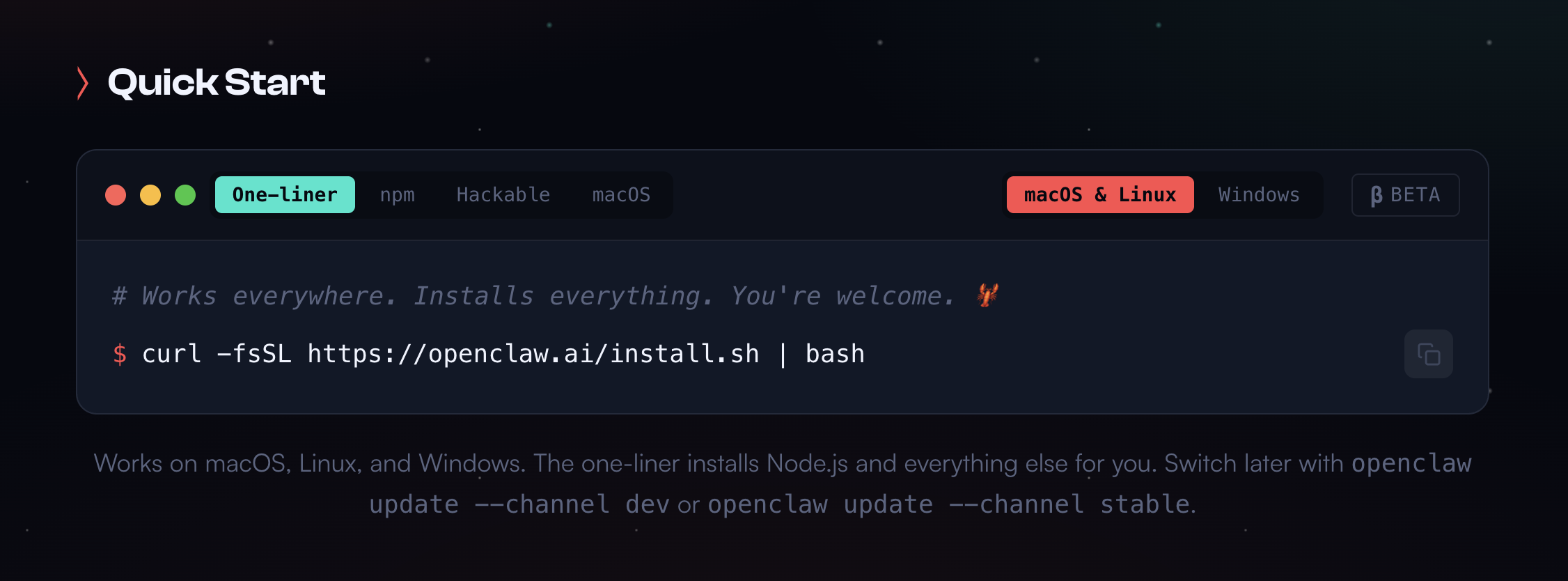 복사해서 에이전트에 붙여넣는 텍스트 한 덩어리가 곧 설치 스크립트다. 이미지 출처 : openclaw