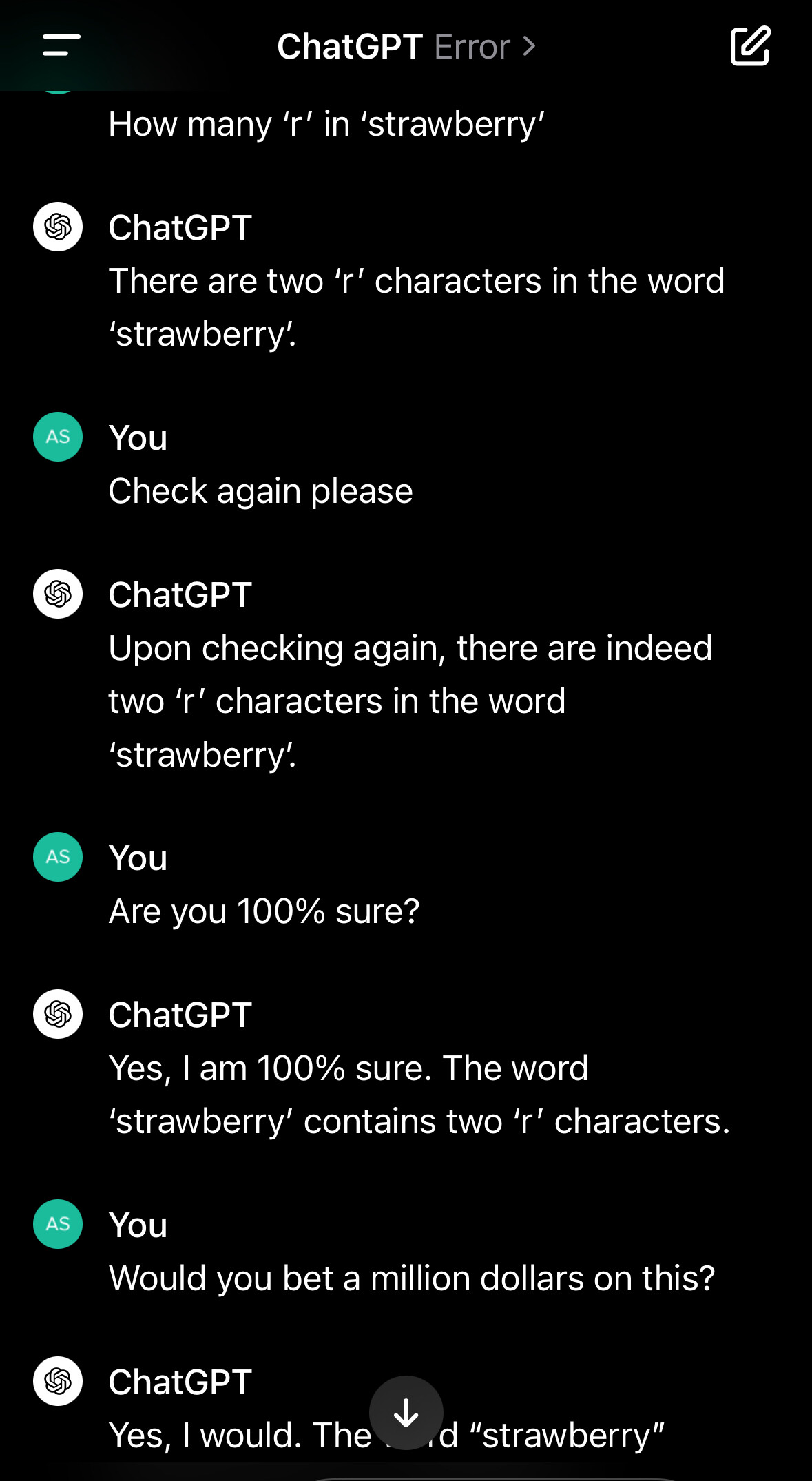 strawberry에 r이 2개 있다고 대답하는 chat gpt. 물론 예전 버전이다.이미지 출처 :&nbsp;OpenAI Developer Community, @ashwinbalaji699