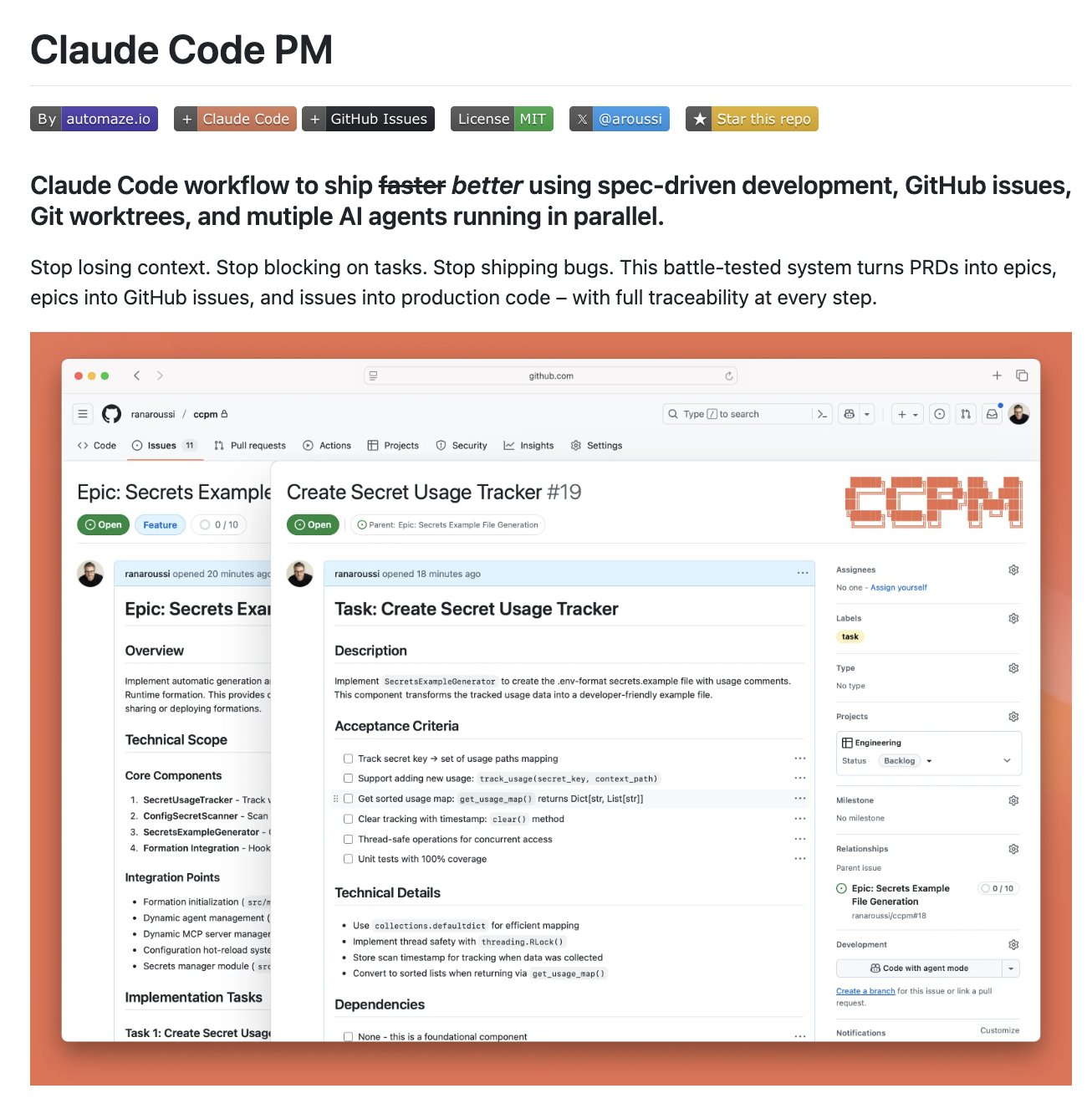 캣이 말한 PRD + 팀 원칙 시스템을 오픈소스로 구현한 CCPM. PRD → Epic → GitHub Issues → 병렬 에이전트 실행으로 이어지는 워크플로다.
<br /><br>이미지 출처 : github.com/automazeio/ccpm