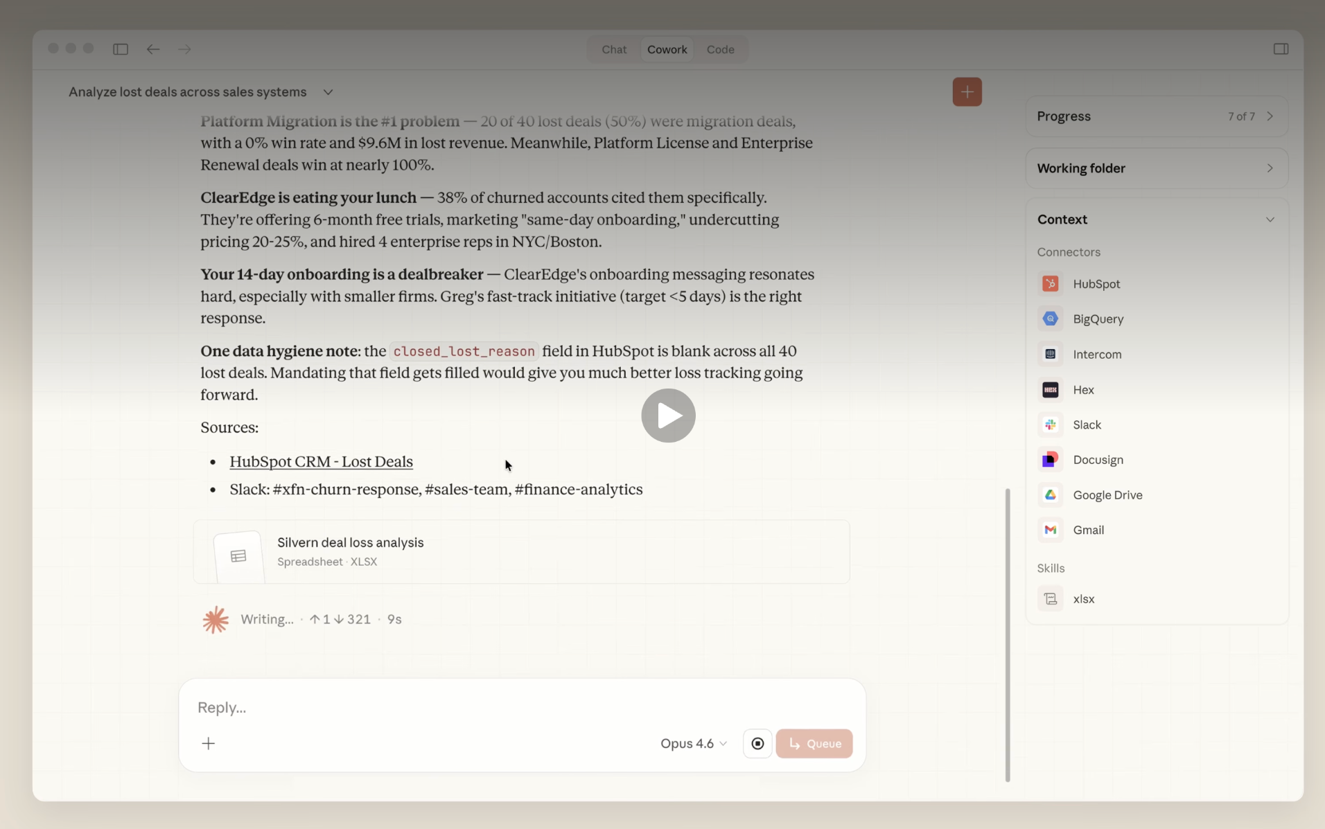 클로드에 Slack, Gmail, Google Drive를 묶어두면 코워크가 알아서 컨텍스트를 끌어다 쓴다.
<br /><br>이미지 출처 : claude.ai