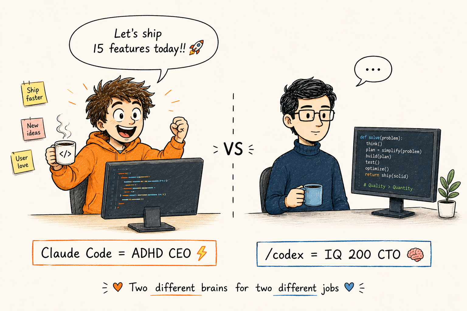 게리 탄은 두 AI 도구를 캐릭터처럼 쓴다. 빠르고 활발한 Claude Code(ADHD CEO), 조용하고 정확한 Codex(IQ 200 CTO).이미지 출처 : 나노바나나 제작&nbsp;