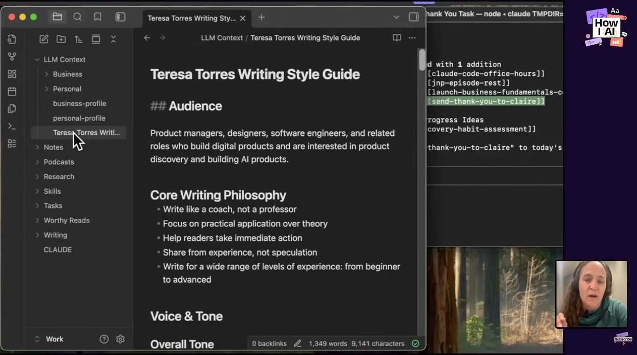 Teresa Torres가 만들어 둔 본인의 글쓰기 스타일 가이드 파일. 이미 티보의 조언처럼 사용하고 있는 사람들이 있다. 이미지 출처 : Youtube 'Claude Code for product managers', by How I AI
