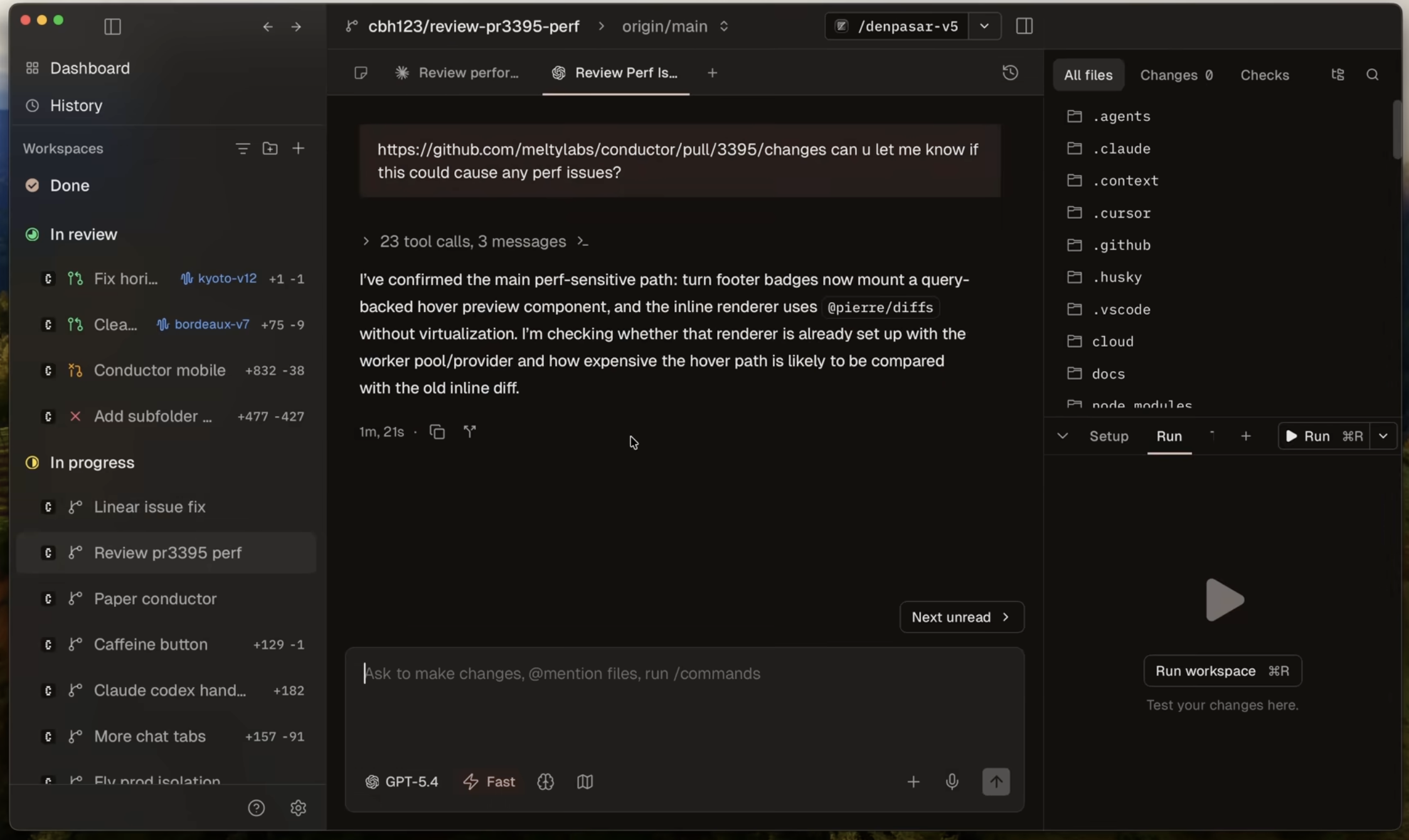 대화·리뷰·파일이 한눈에 들어오는 Conductor의 3분할 화면.이미지 출처: Youtube 'Conductor CEO Charlie Holtz Walks Us Through His AI Coding Setup', from Y Combinator