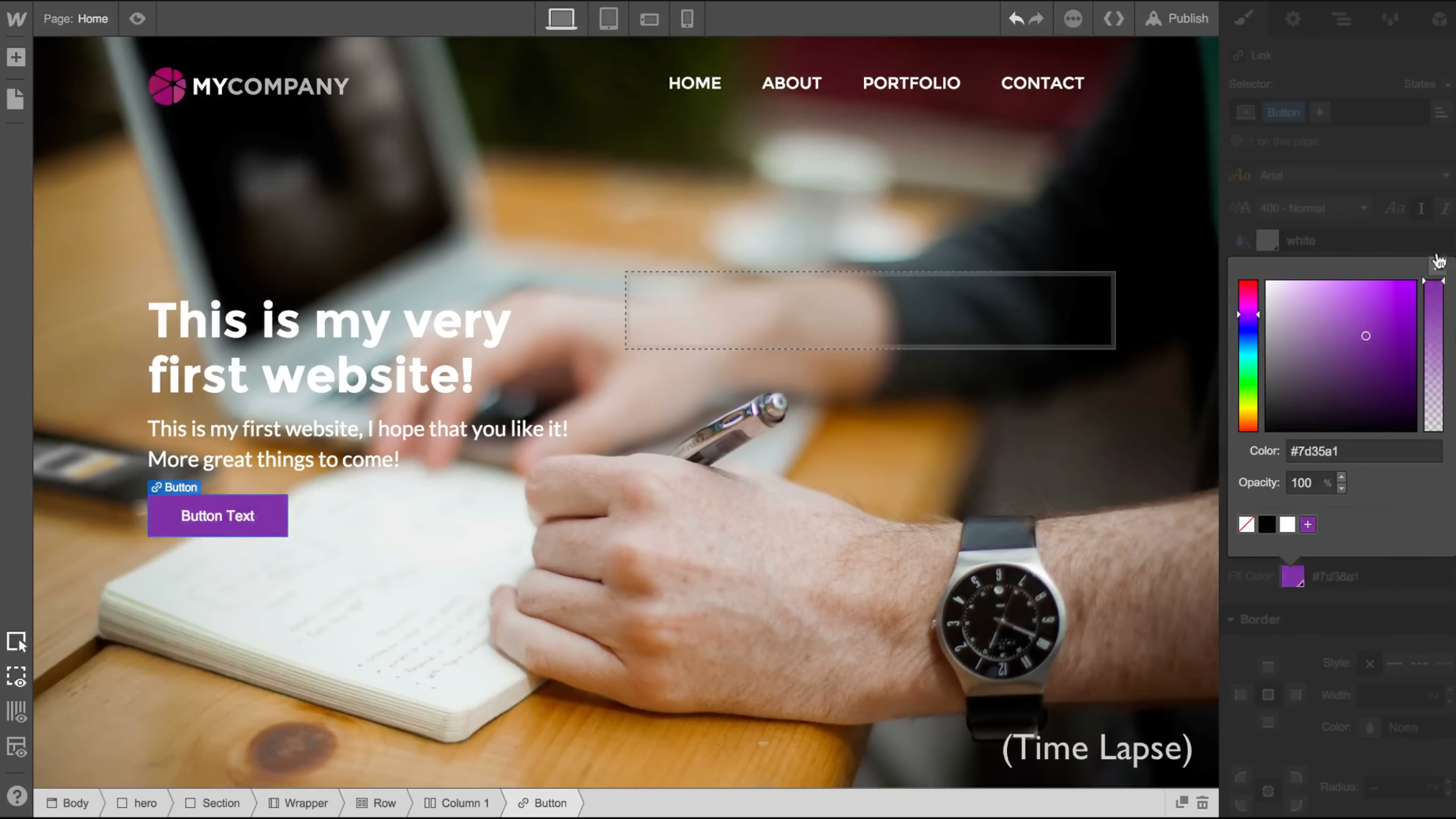 HTML·CSS·자바스크립트 위에 시각 인터페이스를 얹은 2013년의 웹플로우.이미지 출처 : Youtube 'Webflow: Welcome (Watch us make a site in under 80s)', by Webflow