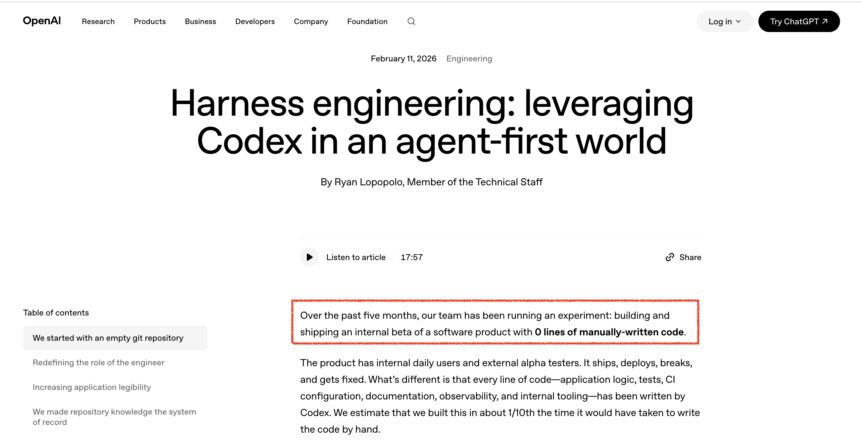 OpenAI는 수동으로 작성한 코드 0줄로 내부 베타 제품을 만들었고, 모든 코드를 Codex가 작성했다.
<br />이미지 출처 : openai.com