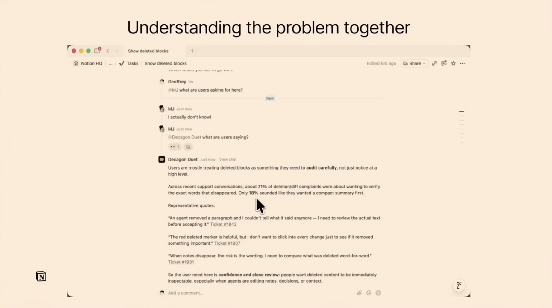 제프리가 PM에게 묻고, PM이 다시 에이전트를 호출하는 대화가 하나의 스레드에서 이어진다이미지 출처 : Youtube 'Understanding is the new bottleneck — Geoffrey Litt, Notion',&nbsp;AI Engineer