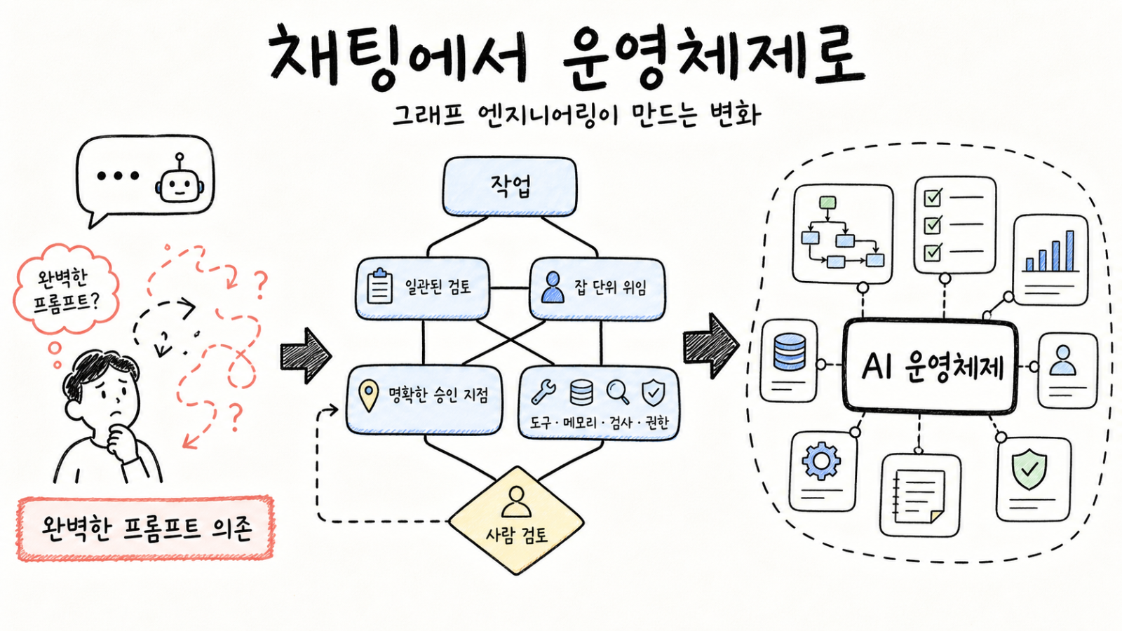 완벽한 프롬프트에 기대던 방식이 잡 단위 워크플로우를 거쳐 AI 운영체제로 옮겨간다.이미지 출처 : 나노바나나 제작