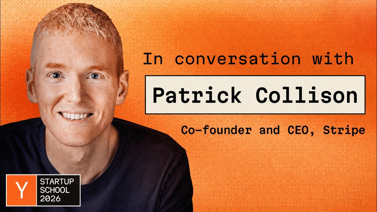 Q에서 언급한 패트릭 콜리슨의 스타트업 스쿨 2026 대담.
<br />이미지 출처 : Youtube 'In conversation with Patrick Collison', by Y Combinator