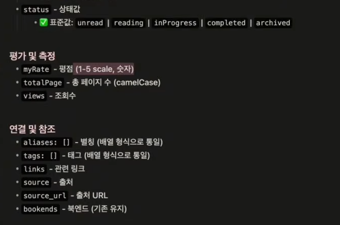 CMDS Guide 화면에서 status 표준값, 평가 및 측정(myRate·totalPage·views), 연결 및 참조(aliases·tags·links·source·source_url) 필드 규칙을 적은 부분.