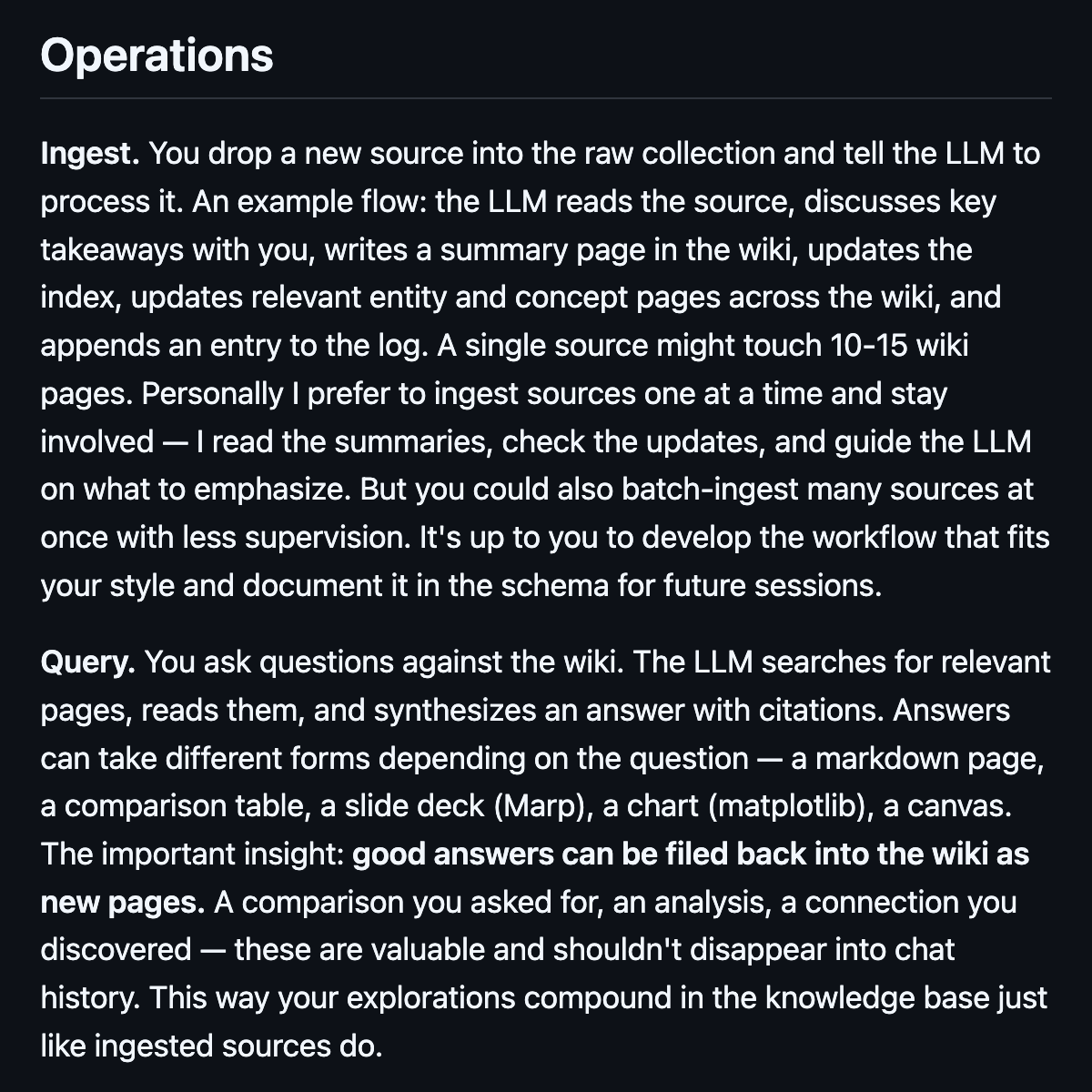 카파시의 llm-wiki.md 문서 중 Operations 섹션. 새 자료를 위키에 반영하는 Ingest와, 좋은 답을 새 위키 페이지로 남기라는 Query 설명.