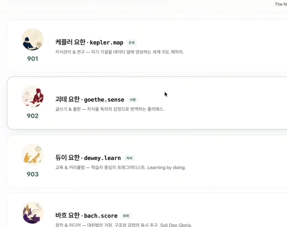 9요한 Constellation 웹페이지. 901 케플러 요한 kepler.map 지식관리·연구, 902 괴테 요한 goethe.sense 글쓰기·출판, 903 듀이 요한 dewey.learn 교육·커리큘럼, 904 바흐 요한 bach.score 창작·미디어 카드.