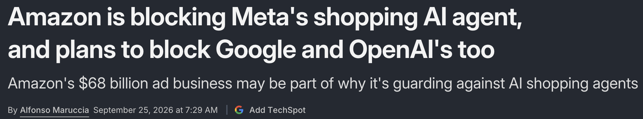 TechSpot 기사 헤더. 아마존이 메타의 쇼핑 AI 에이전트를 차단하고 구글·OpenAI도 막을 계획이라는 제목, 2026년 9월 25일.