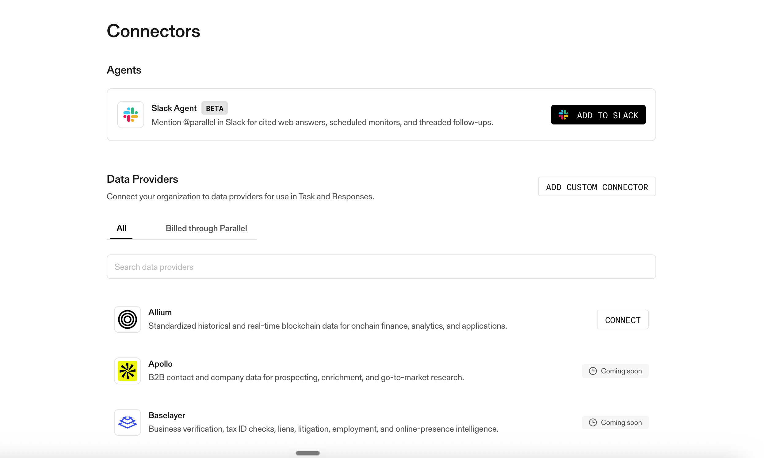 Parallel 개발자 화면의 Connectors 페이지. Slack 에이전트와 Allium·Apollo·Baselayer 같은 데이터 제공사 목록, 연결 버튼.