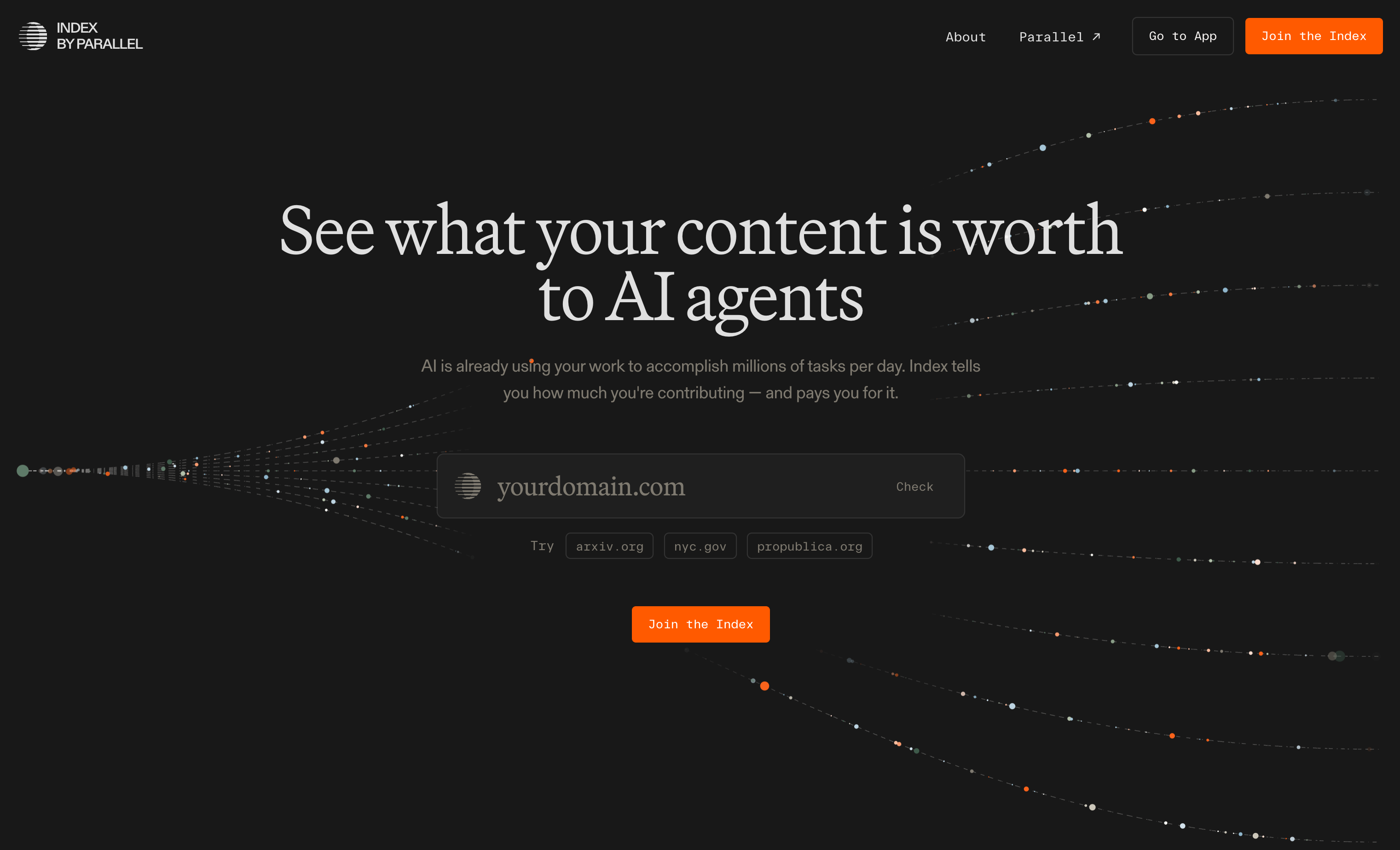 Index by Parallel 첫 화면. See what your content is worth to AI agents 문구와 도메인 입력창.