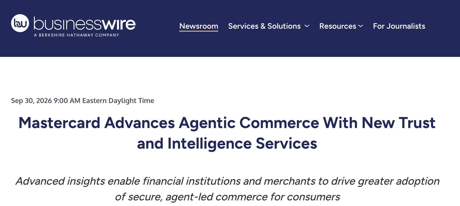 Business Wire 보도자료 헤더. 2026년 9월 30일, 마스터카드가 신뢰·인텔리전스 서비스로 에이전트 커머스를 확장한다는 제목과 부제.