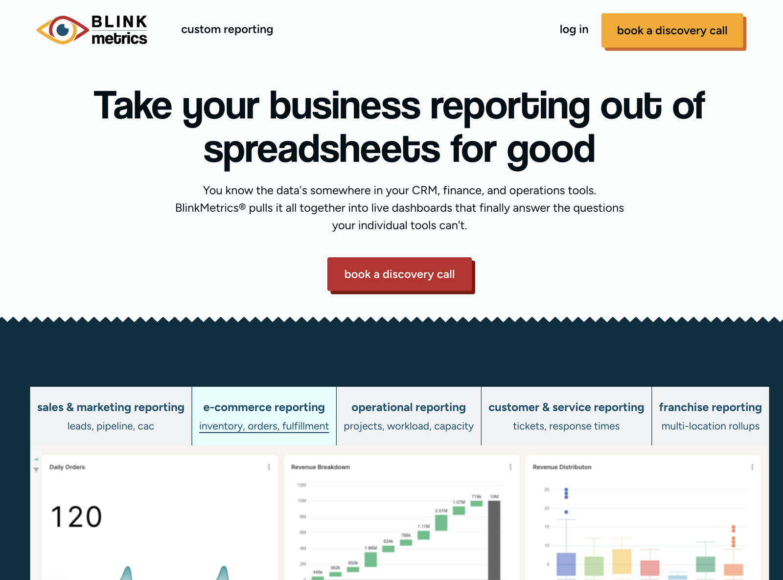 흩어진 CRM·재무·운영 데이터를 대시보드 하나로 모아 준다는 BlinkMetrics 첫 화면. 이미지 출처 : blinkmetrics.com.