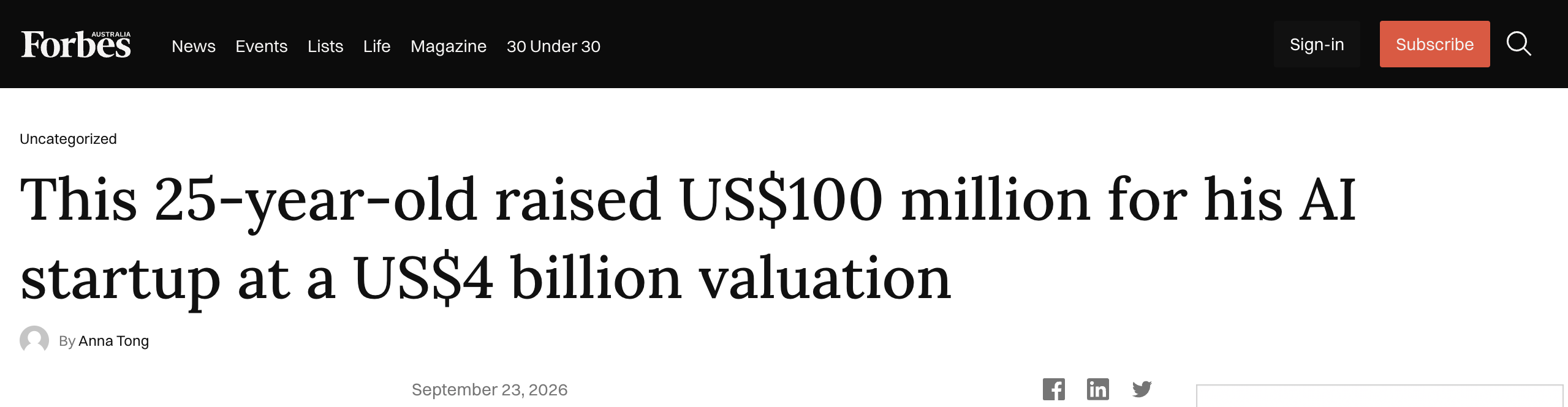 micro1의 1억 달러 투자 유치와 기업가치를 다룬 9월 23일 Forbes Australia 기사. 이미지 출처 : Forbes Australia.