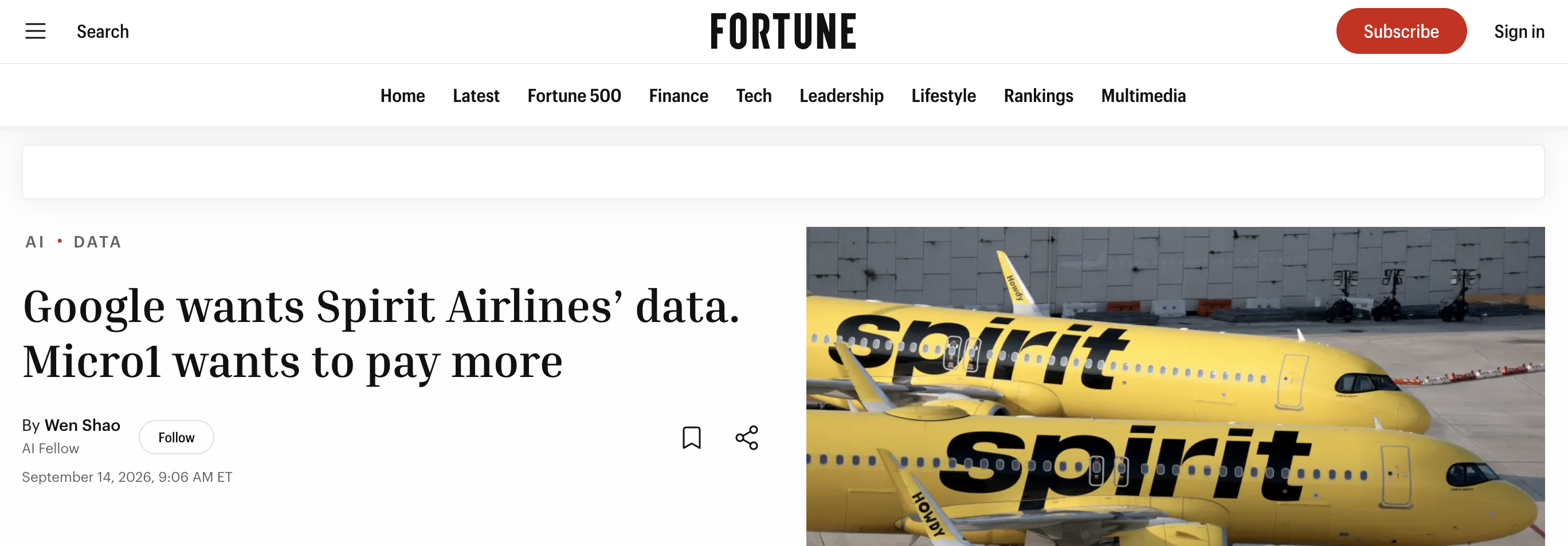 Spirit Airlines 데이터 입찰에 뛰어든 micro1을 다룬 9월 14일 Fortune 기사. 이미지 출처 : Fortune.