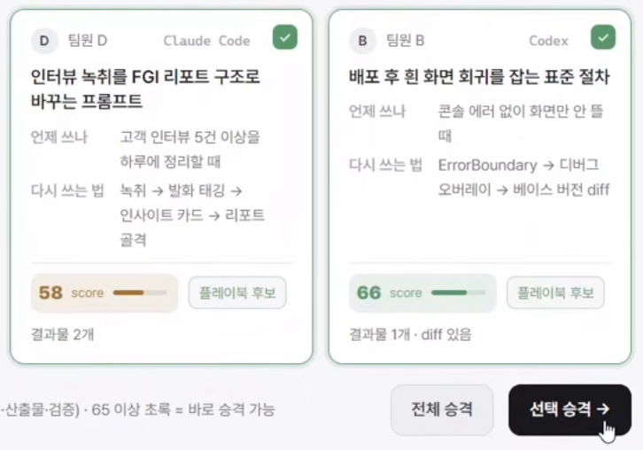 팀원이 올린 노하우 가운데 고른 것만 승격하는 화면. 이미지 출처 : 빌더 조쉬 YouTube, 33:26.
