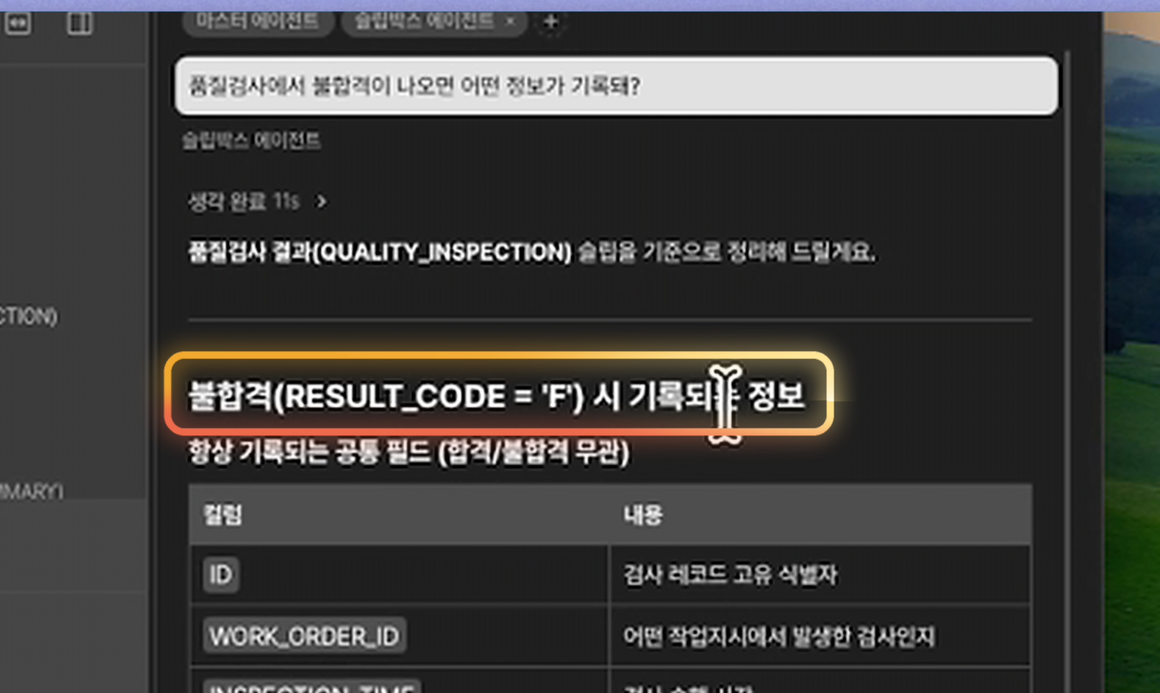 슬립박스 에이전트에게 품질검사 불합격 때 기록되는 정보를 물은 화면. 페이지를 보고 불합격 시 기록되는 컬럼을 표로 정리해 답한다. 이미지 출처 : 빌더 조쉬 YouTube, 37:17. 원출처